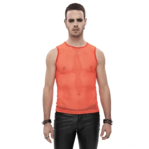 Orange Mesh Muskelshirt Vorderansicht auf männlichem Model - transparentes ärmelloses gotisches Shirt mit rundem Ausschnitt und Netzstruktur