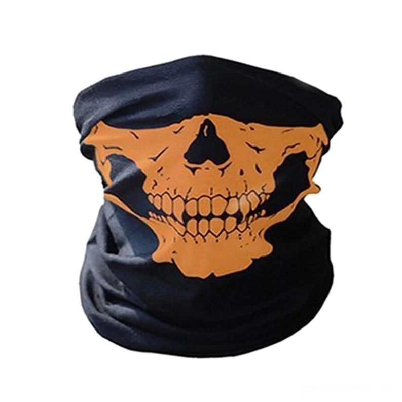 Orange Totenkopf-bedruckter Gothic-Gesichtsmaske, vollständige Schädel-Grafik auf schwarzem Polyester-Stretch-Stoff mit unkonventioneller Farbgestaltung