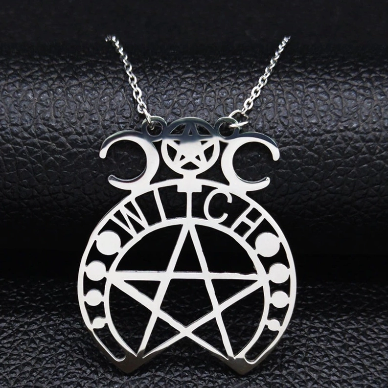 Pentagramm Hexen Gothic Halskette Silber poliert Durchbruch-Design Edelstahl Anhänger glänzend klassisch