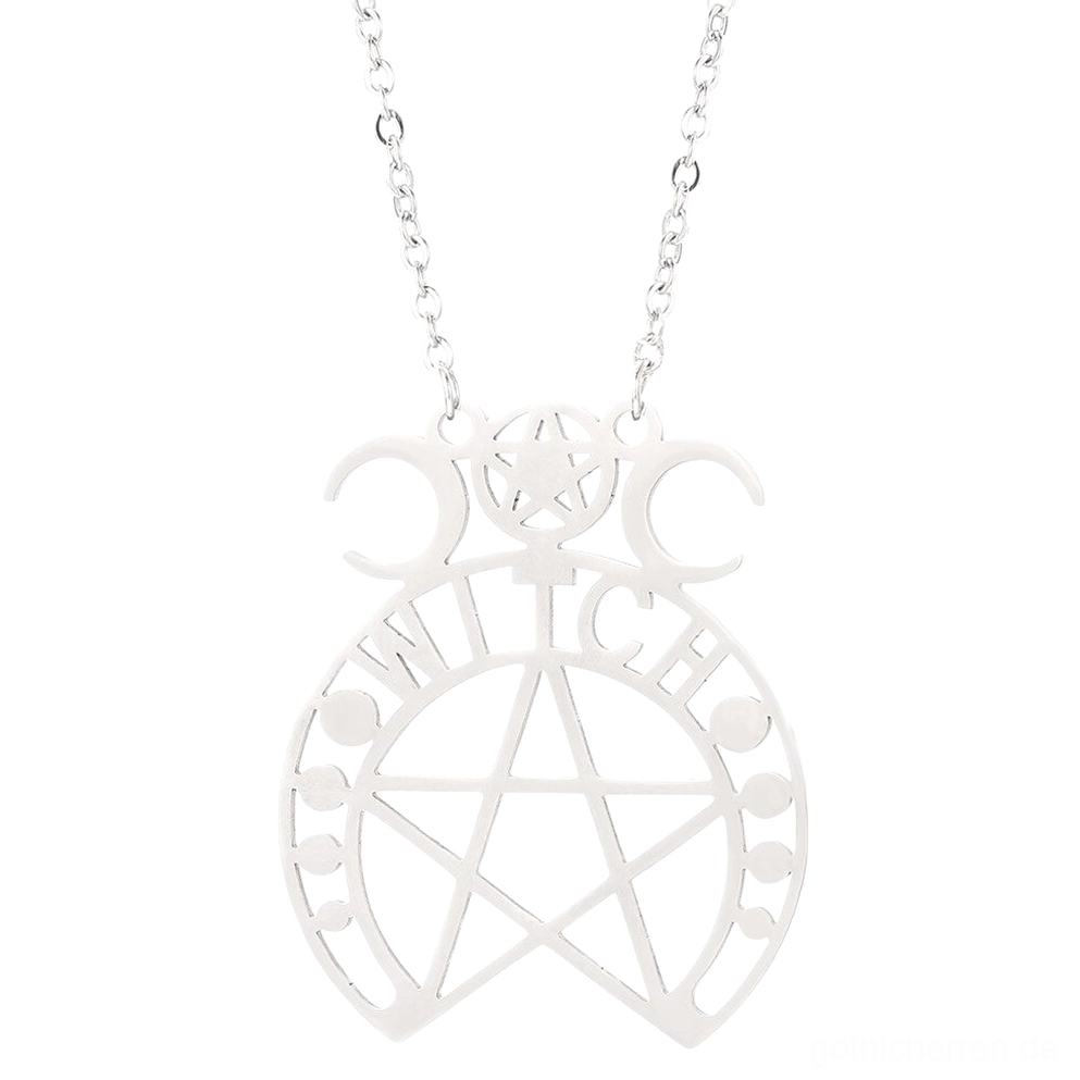 Pentagramm Hexen Gothic Halskette Edelstahl Anhänger Silber poliert Durchbruch-Design Vorderansicht detaillierter Ausschnitt