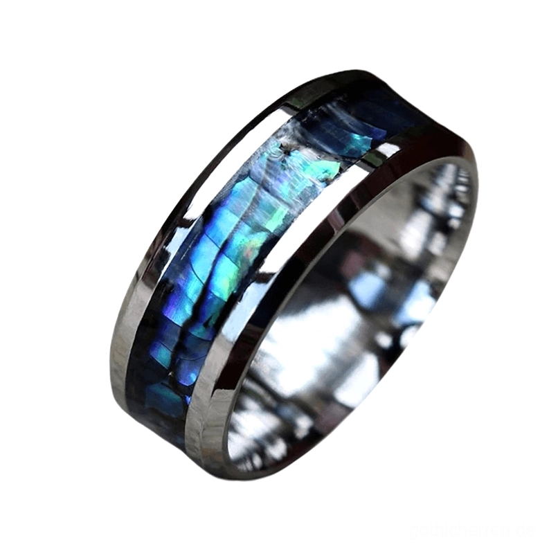 Polierter Edelstahl Gothic Ring Seitenansicht mit abgeflachten Kanten und natürlicher Perlmutt-Schale Intarsia und Metallkonstruktion