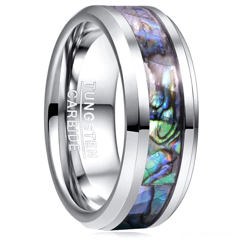 Perlmutt-Intarsia Edelstahl Gothic Ring für Herren mit vorne schräger Nahaufnahme und irisierendem Muscheldetail und poliertem Metallrahmen