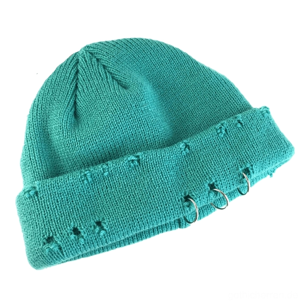 Petrol-Blau Gothic-Strickmütze mit Ausschnittdetails und Metallring-Verzierungen, umgeschlagenes Kuffdesign und Dark-Aesthetic