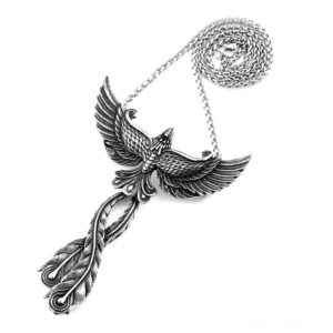 Phönix Auferstehung Halskette flache Draufsicht, geflügelter Anhänger mit eingraviertem Federdetail, 316L Chirurgenstahl antike Silberfinish, Gothic Statement Schmuck