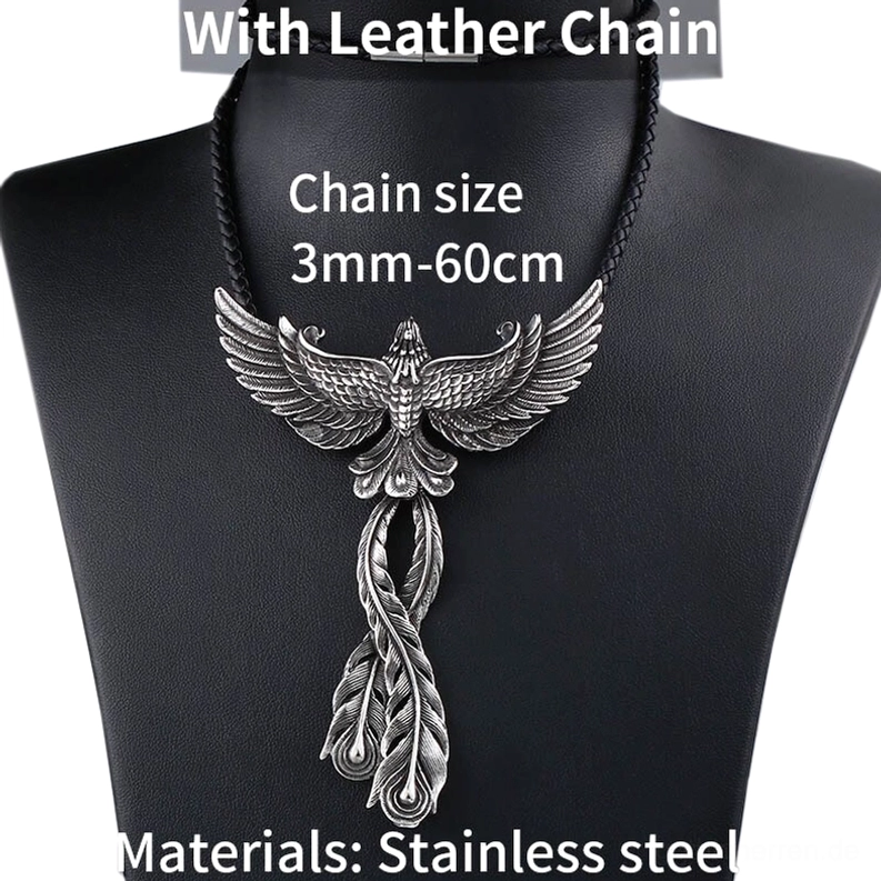 Gothic Phönix Anhänger Halskette mit schwarzer Leder-Kette, auf schwarzem Schmuck-Büstenständer getragen, Punk Dark Romantic