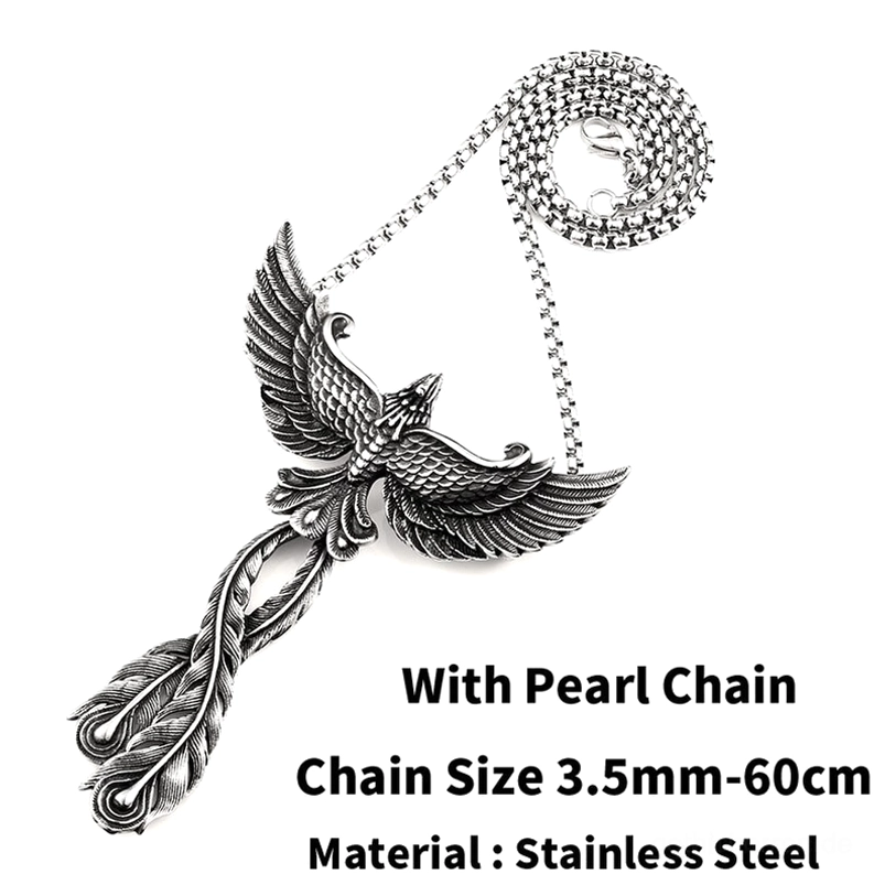 Phönix Halskette mit Perlen-Kette, delicate 3,5mm Perlenglieder, antike Silber Chirurgenstahl Gothic Halskette Studiofoto