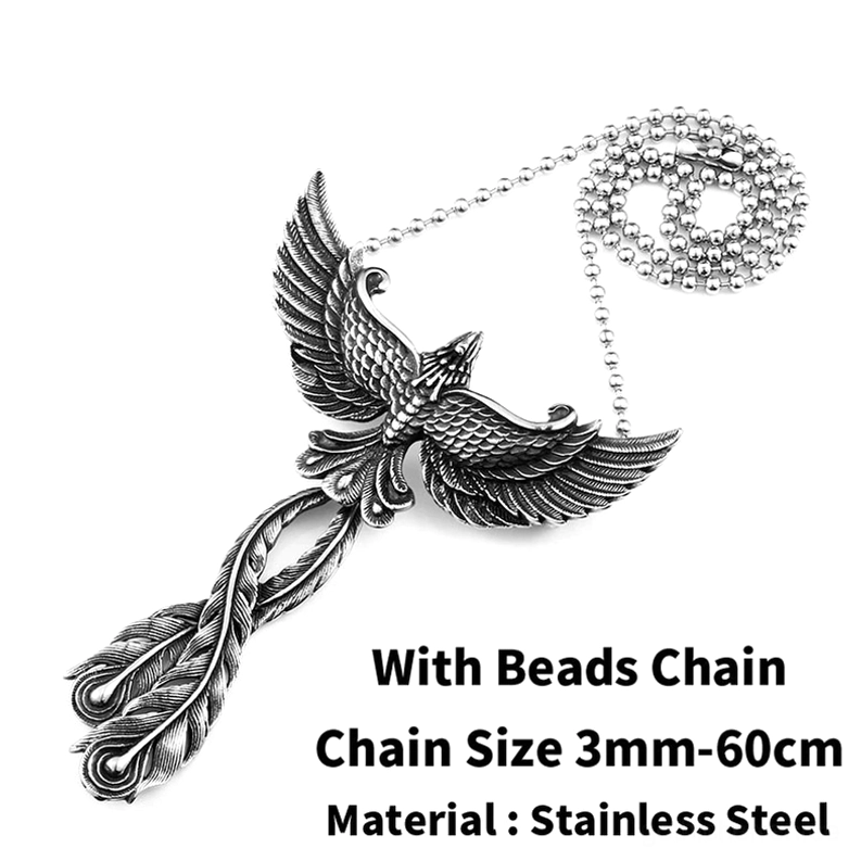 Phönix Halskette mit Perlen-Kette, 60cm Länge 316L Chirurgenstahl, Gothic Anhänger mit Perlenglieder-Kette, Dark Metal Schmuck