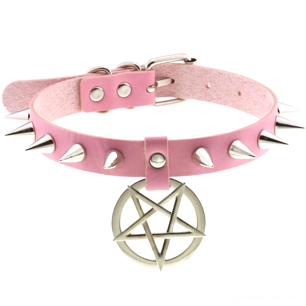 Pink Spike Leder Choker mit Pentagram Anhänger und silbernen Metallspikes – Romantische Goth Halsband mit Kanten-Ästhetik