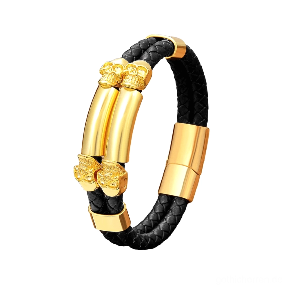 Poliertes goldenes Totenkopf-Lederarmband mit Doppel-Totenkopf-Mittelteil und magnetischem Verschlusssystem, Premium-Edelstahl