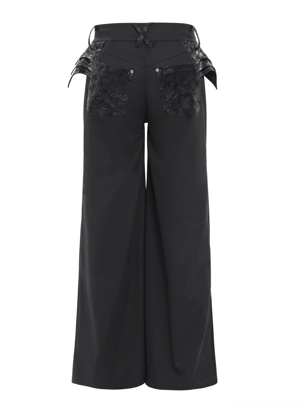 Schwarze Punk Cyberpunk Schlaghose mit Kettendetails und breiter Schlag-Silhouette - Dreiviertel-Ansicht Flachaufnahme
