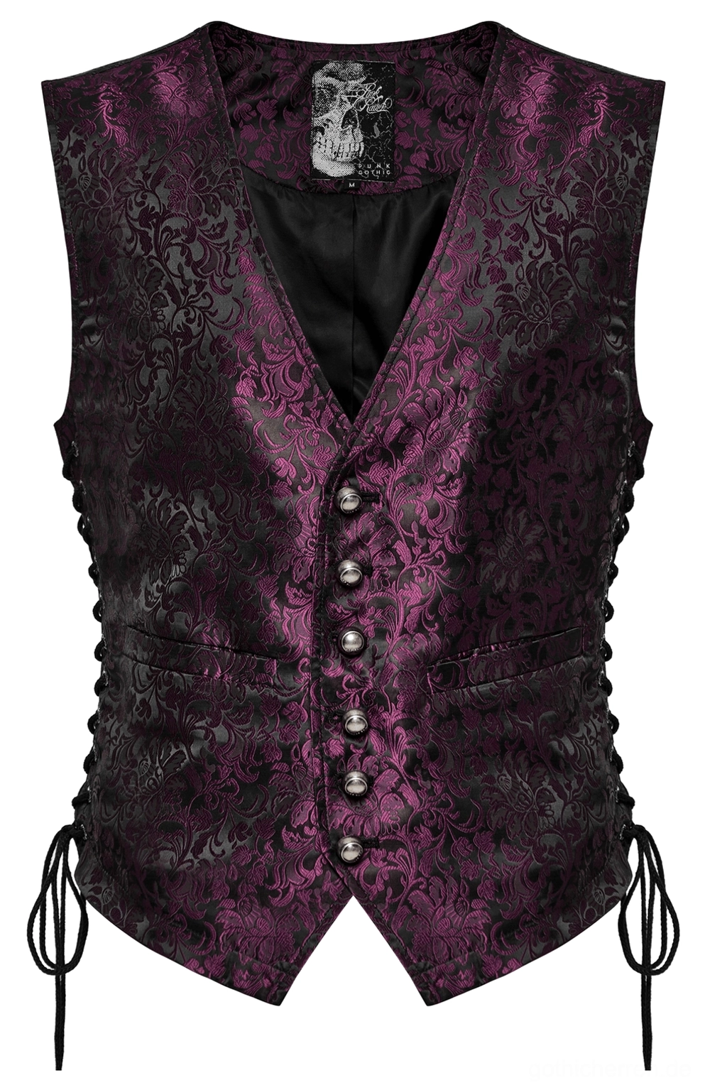 Purpur-schwarze Dual-Tone-Jacquard-Weste Frontansicht, flach fotografiert zur Darstellung des kompletten Designs