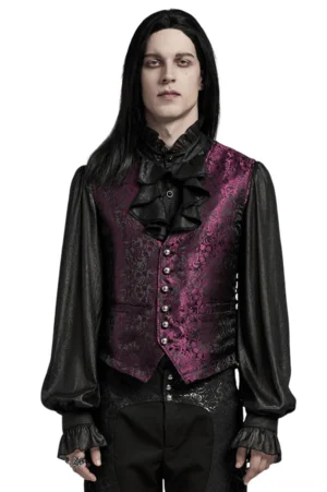 Gothic Herren-Weste in Purpur-Schwarz mit Jacquard-Blütenmuster, Frontansicht auf Modell mit gerüschtem schwarzem Hemd und taillierten Hosen