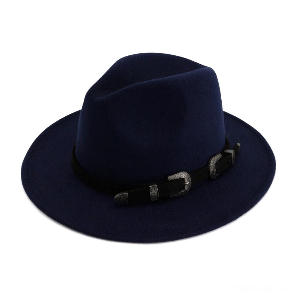 Purpurblauer Gothic-Trilby Fedora Hut mit vintage dualen Schnallen-Riemen, Dark-Aesthetic Styling Ansicht