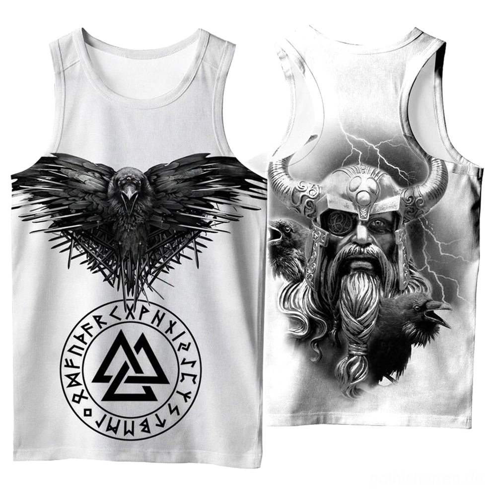 Rabe und Odin gotisches Muskelshirt Vorderansicht mit 3D-gedrucktem Raben, Runenkranz und Valknut-Symbol auf weißem ärmellosen Tanktop für Herren