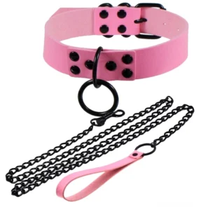 Rosa unisex PU-Leder Gothic Halsband mit Metall-Hardware und abnehmbarer Lederkettenleine - komplettes Set Flachlege Produktanzeige
