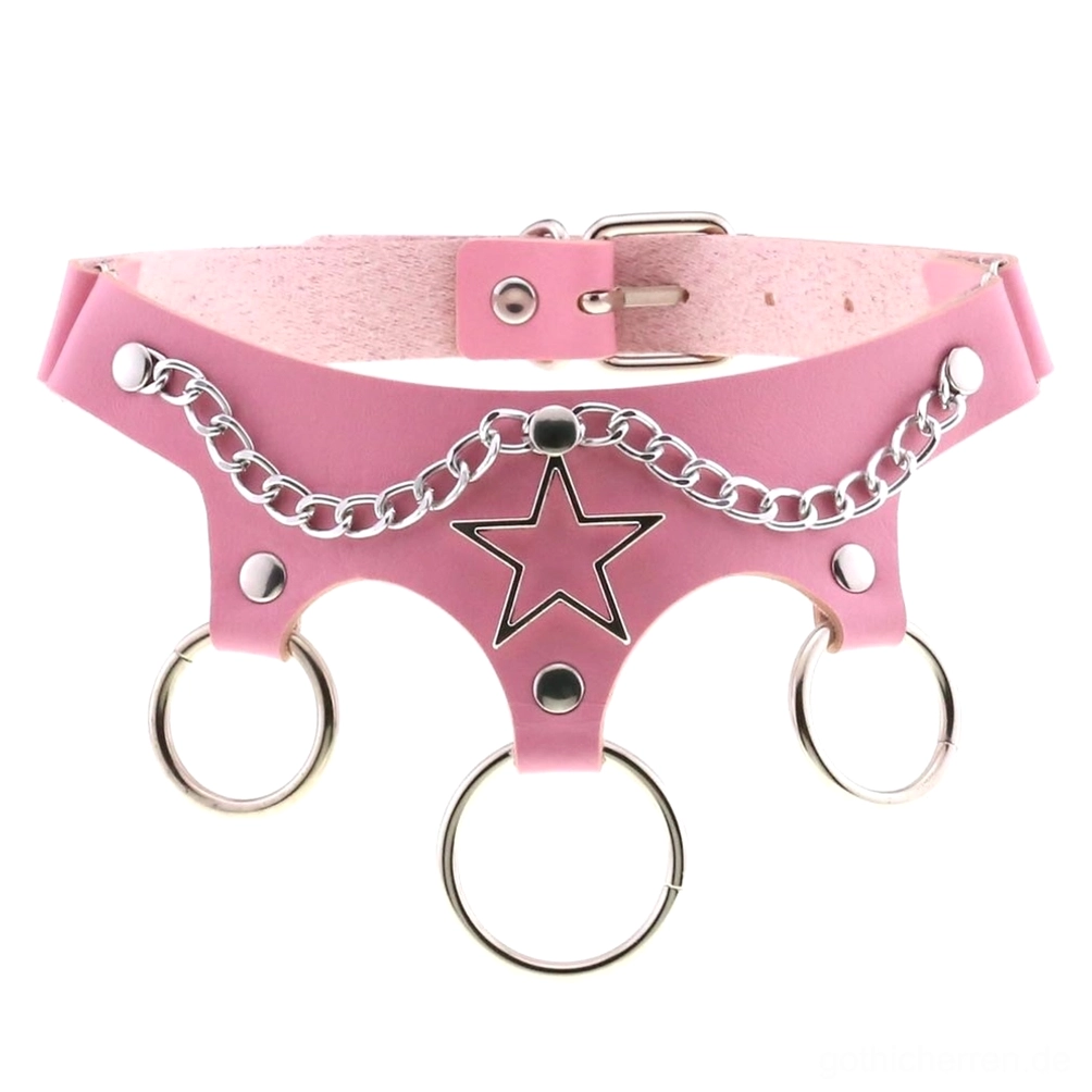 Rosa Leder-Gothic-Stern-Choker mit Metallring-Verzierung verstellbares gotisches Halsband Farbvariante
