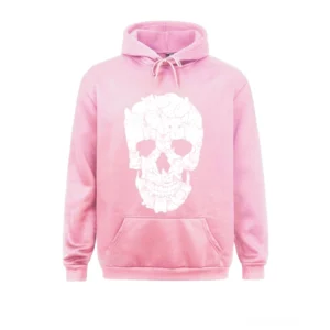 Rosa übergroßer Gothic-Totenkopf-Kapuzenpullover mit weißem Katzendruck und Kordelzug-Kapuze, Flatlays-Vorderansicht Alternative Mode für Herren