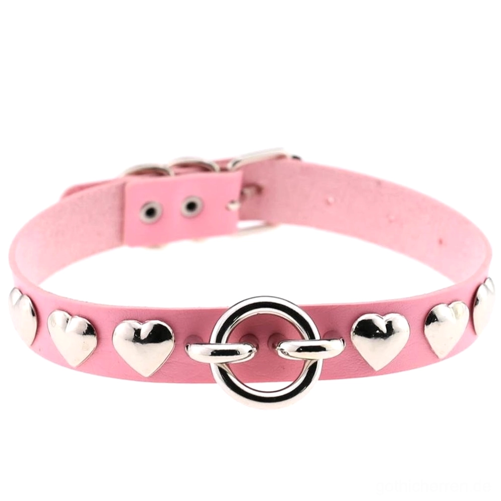 rosa pink pu leder herzchoker mit silber o-ring anhänger und dekorativen herznieten romantic goth jewelry