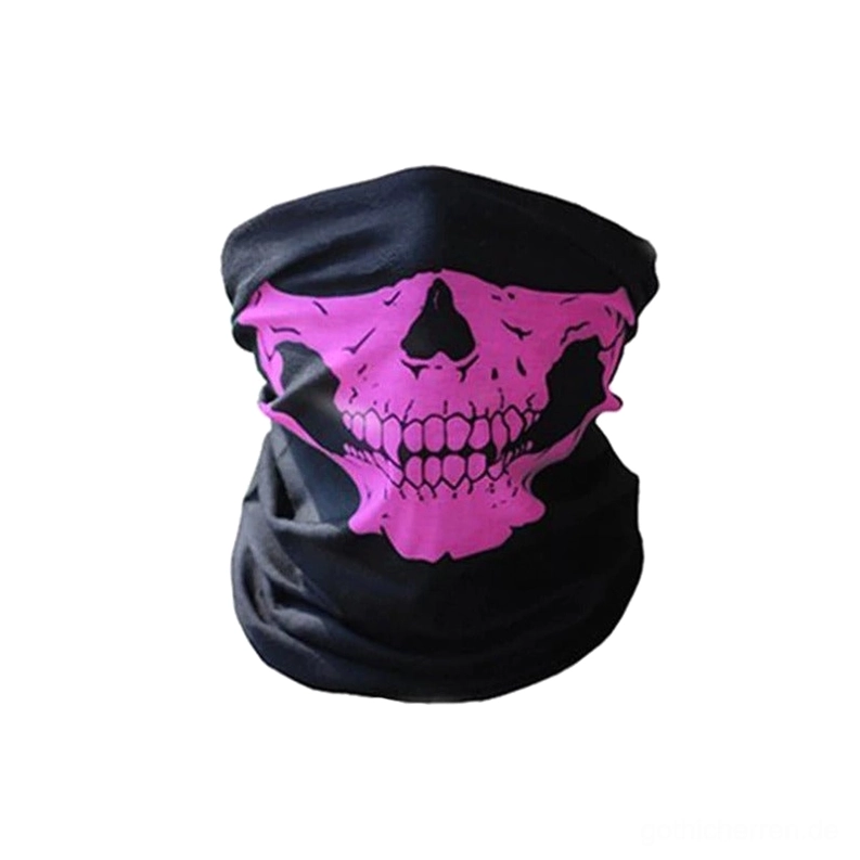 Rosa Totenkopf-bedruckter Neck-Gaiter auf schwarzem Hintergrund, romantische Gothic-Ästhetik mit weichem Material und zartem Schädel-Design