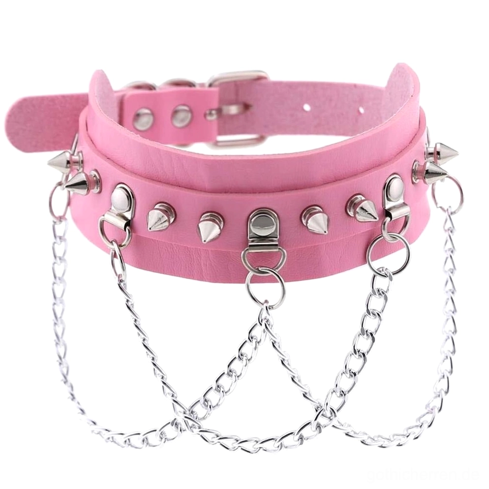 Rosa veganer Leder Spike Choker mit Kegel-Spikes und Metallketten-Schichtung, Gothic Schmuck für Alternative Fashion Styling