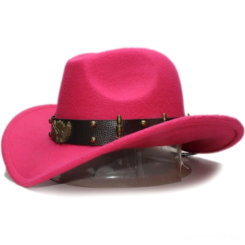 Rose-Farbener Wollfilz Gothic-Fedora mit Lederband-Adler-Badge und Kugelnieten, Alternative Stil Mode