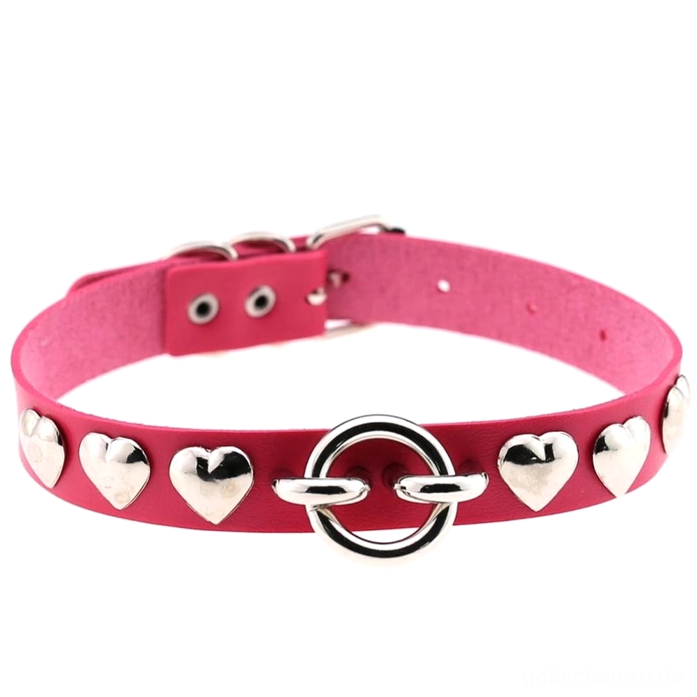 rosé pink pu leder herzchoker mit silber metallhardware romantic goth stil halsschmuck produktanzeige