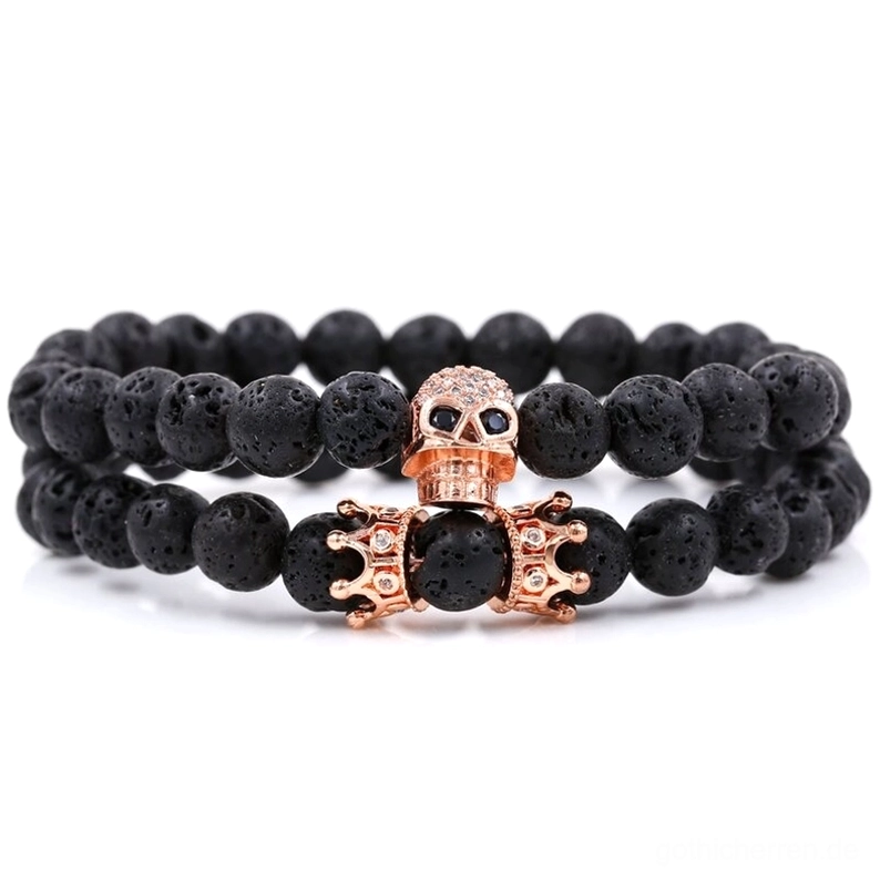 Roségold Memento Mori Totenkopf-Krone Gothic Armband mit schwarzen vulkanischen Perlen und funkelnden Steinen - romantische dunkle Ästhetik Alternative Fashion Unisex