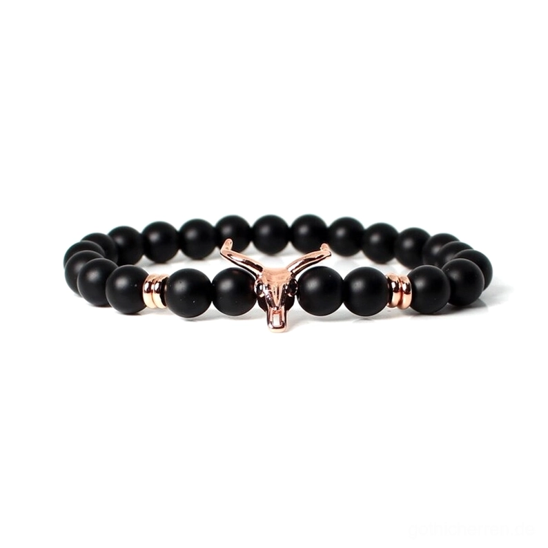 Rosé-Gold Stier-Schädel Stein-Perlen Armband für Herren, moderner Gothic Schmuck mit rosegoldenen Metallakzenten und matter Oberfläche