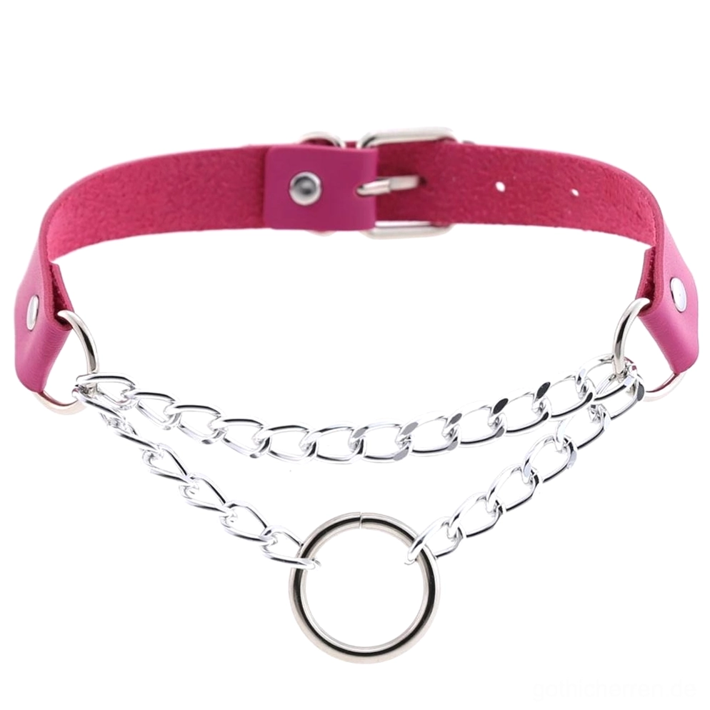Rosenrot Leder Choker Halskette mit dekorativen silbernen Ketten und O-Ring, verstellbarem Stiftverschluss, Gothic Punk-Stil Schmuck romantic goth