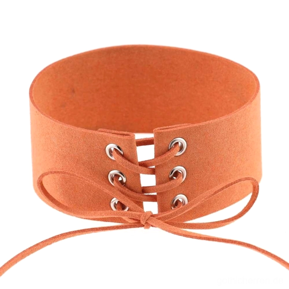 Rostbraun Terrakotta Velourssamt gothic Halsband mit Metall-Ösen und verstellbarer Schnürung