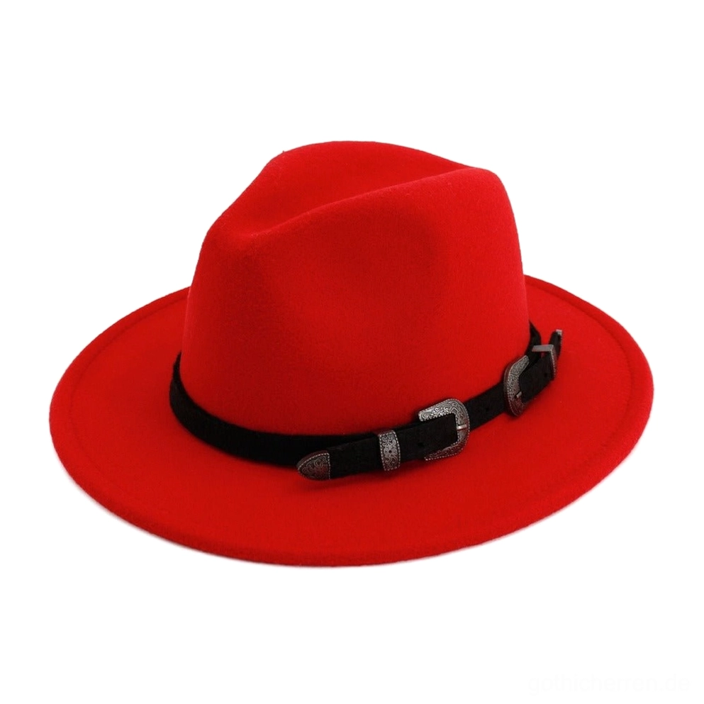 Roter Felt-Vintage Trilby Fedora mit antiken Western-Schnallen Details, Punk-Rock-Ästhetik Produktansicht