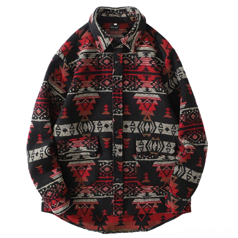 Rot-Grau Tribal Geometric Gothic Hemd Vorderansicht – Hochkontrast okkulte Muster auf schwarzem Grundton mit Turn-Down-Kragen, Knopfverschluss und Brusttaschen