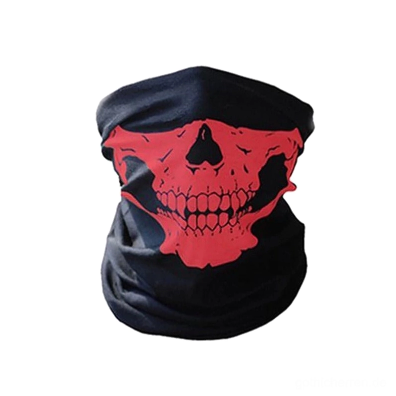 Rot-bedruckter Gothic-Neck-Gaiter mit Purpurrot-Schädel-Design auf schwarzem Gewebe, windundurchlässige Motorrad- und Outdoor-Wear Maske