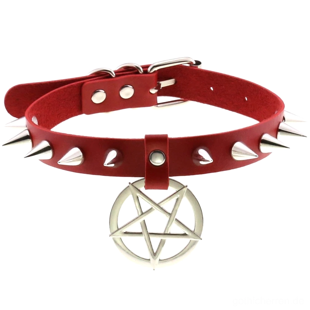 Rot Spike Leder Choker mit silbernem Pentagram Anhänger und Metallspike-Akzenten – Klassisches Gothic Halsband mit starker Präsenz