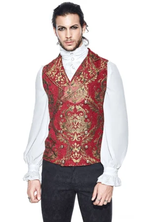 Rote Gothic-Brokatweste mit goldener Filigranarbeit und doppelreihigen Metallknöpfen, Frontansicht auf männlichem Model, klassische Styling mit gerüschtem weißem Hemd