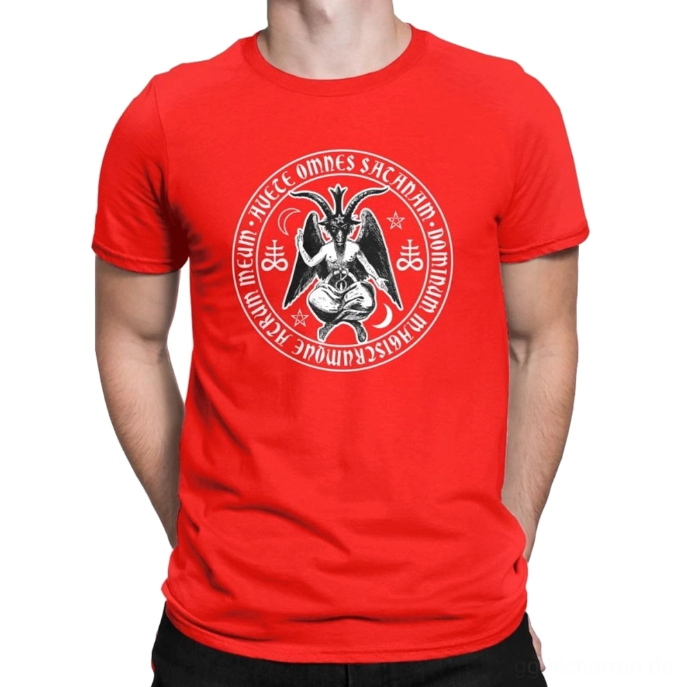 Rotes Gothic-T-Shirt mit Baphomet Siegel Grafik-Print weißem zirkulärem Dämon-Design und rituellen Symbolen auf der Brust