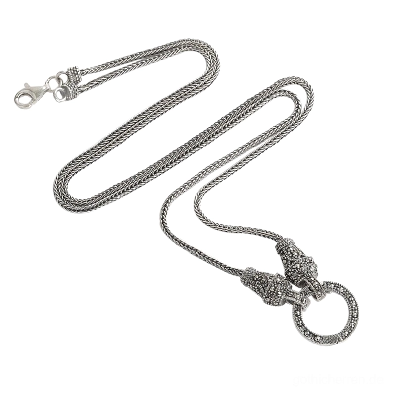 S925 Sterlingsilber Gothic Foxtail-Kette mit Markasit-Verschluss, oxidiertes Vintage-Finish in flacher Oberansicht auf weißem Hintergrund, lange gotische Halskette
