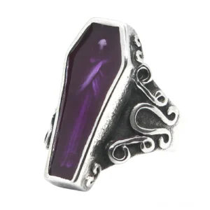 Sargförmiger gotischer Ring Vorderansicht zeigt silbernes Edelstahl-Design und violettes Emaille-Detail, ikonischer Gothic-Schmuck
