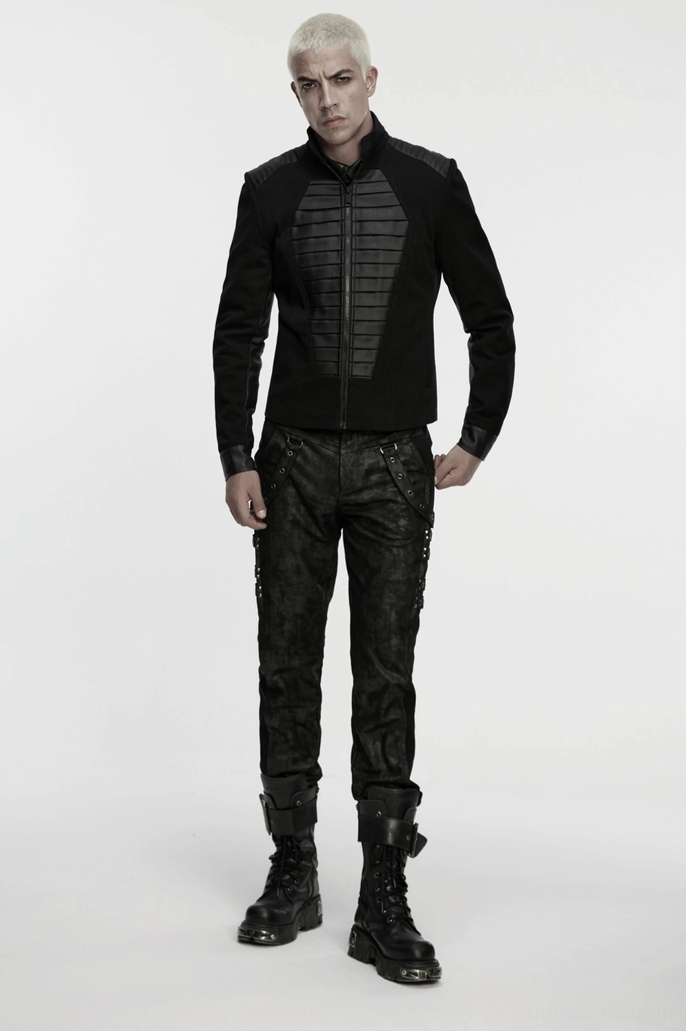 Schwarze Gothic Military Jacke mit gummiertem Kunstleder-Sargdeckel und Denim Hybrid-Konstruktion – Alternative Subkultur Essentials