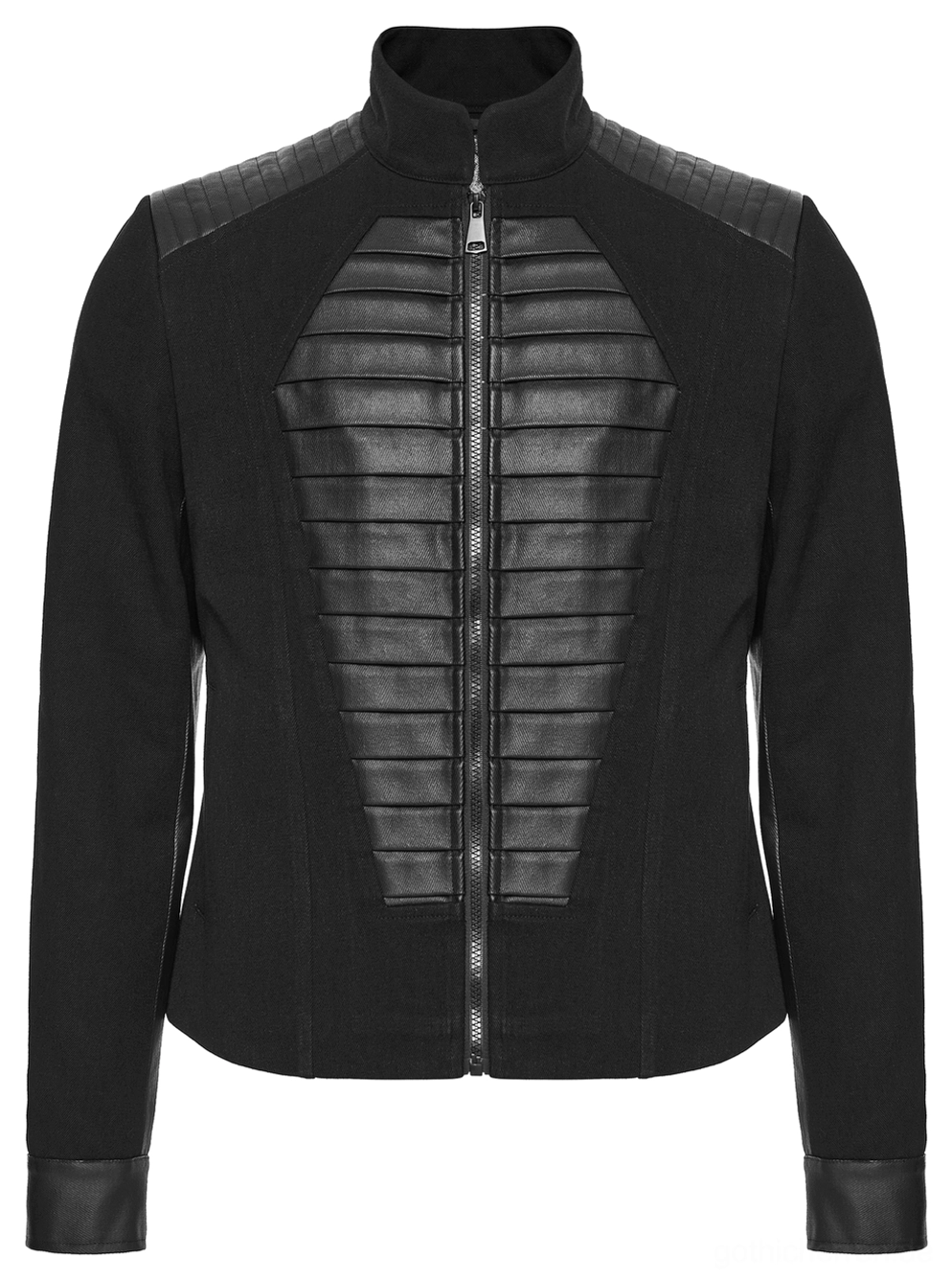 Gothic Military Denim Jacke Frontansicht Flat Lay mit gestepptem Kunstleder-Sargmotiv und Metallreißverschluss – Deathrock Essentials