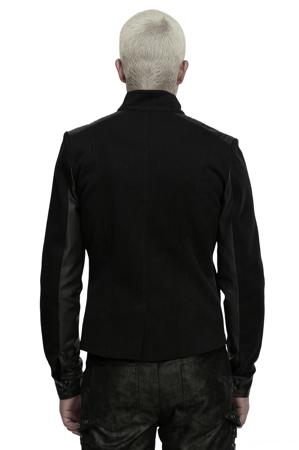 Gothic Punk Jacke Rückansicht mit festem Denim-Rücken und strukturierten Leder-Ärmelpanelen auf Model – Architektonische Silhouette
