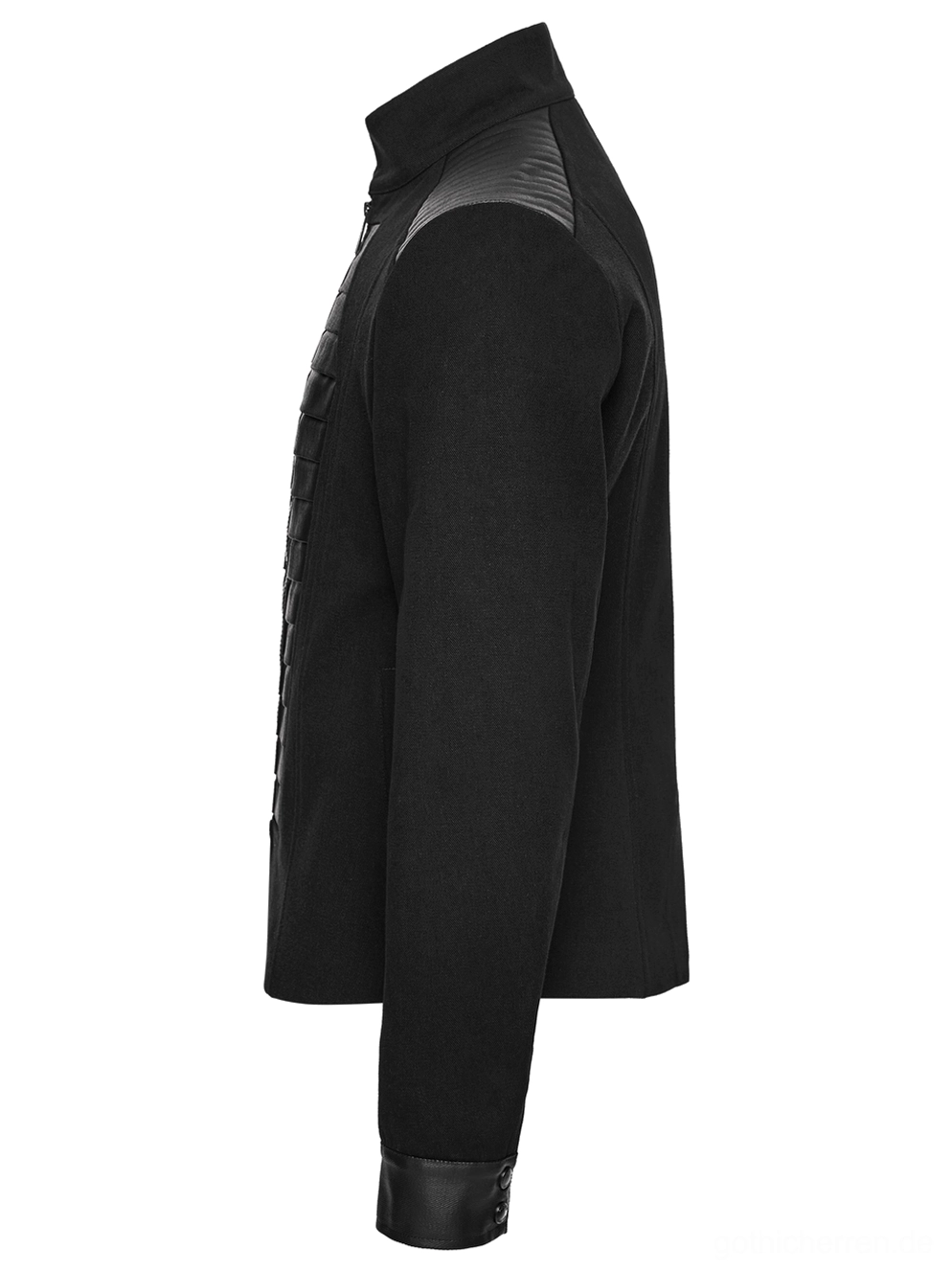 Sargdeckel Military Jacke Seitenprofil Flat Lay – Schlanke tailored Silhouette mit strukturierten Kunstleder-Schulterakzenten