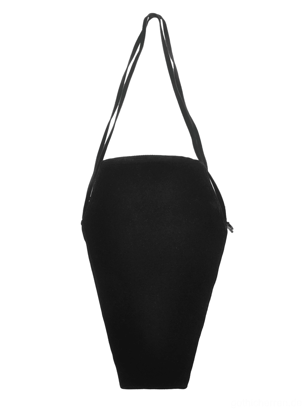 Rückansicht der schwarzen gotischen sargförmigen Schultertasche mit oberen Reißverschluss und verstellbarem Schultergurt, flache Produktansicht