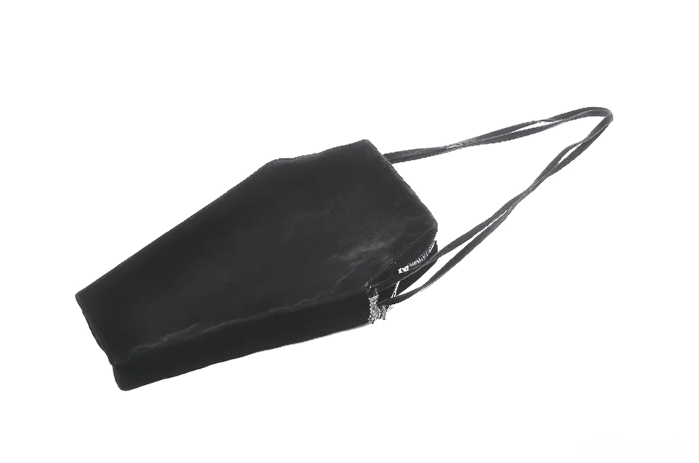 Seiten- und Rückansicht der schwarzen sargförmigen Schultertasche mit verstellbarem Schultergurt, zeigt strukturierte Sargsilhouette von mehreren Blickwinkeln