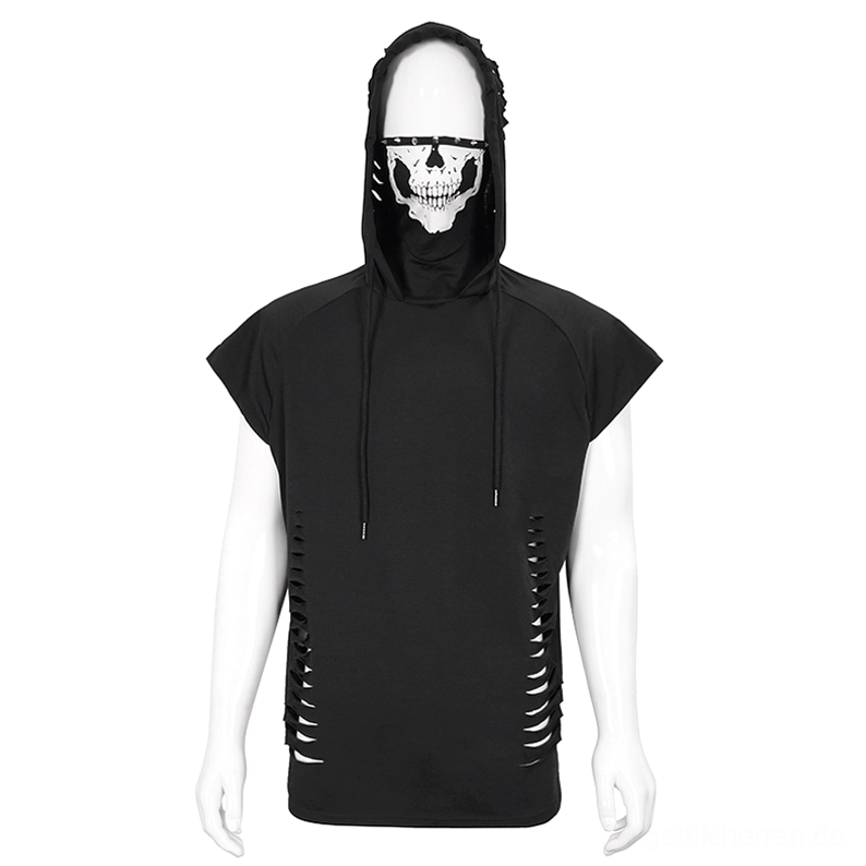 Schädel-bedruckter Rollkragen-Gothic-Hoodie mit strategischen zerrissenen Schlitzen auf weißer Schaufensterpuppe Frontalansicht