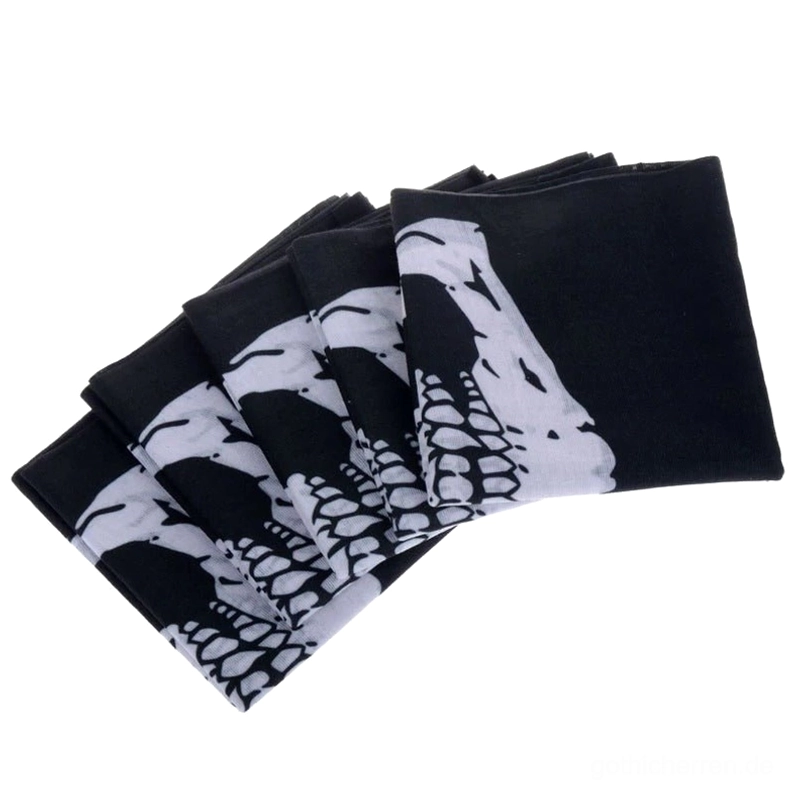 Alternative Winkelansicht schwarzer Schädel-bedruckter Gothic-Maske, zeigt Schädel-Muster und nahtlose Schlauch-Konstruktion des windundurchlässigen Gaiters