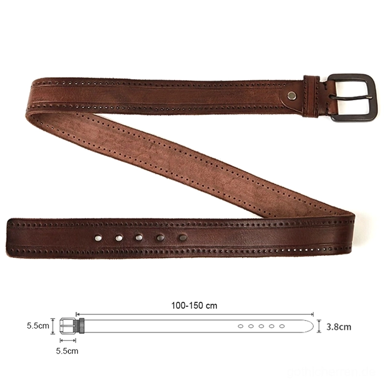 Schlanker braun Echtleder Vintage Ledergürtel Flachlage Draufsicht zeigt volle Gürellänge mit Größenspezifikationen und industriellem quadratischen Metallschnallenschloss
