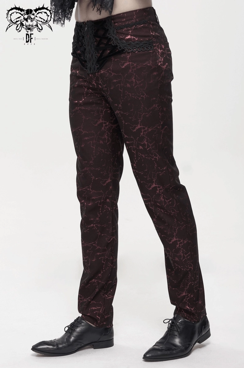 Schnürhose Stoffoberfläche Qualität Nahaufnahme – Weinrot Gothic Hose Material Detail, zeigt Polyester-Rayon Blend Qualität und Riss-Print Muster