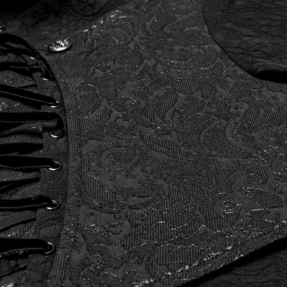 Nahaufnahme schwarzes Brokat-Damast-Stoff gotisches Schnürhemd Textur Jackquard-Muster Metallösen Detail