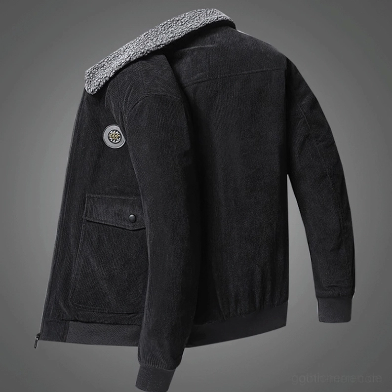 Schwarz Cordsamt Winter Jacke Rückansicht mit grauem Sherpa-Pelzkragen und tailiertem Rippen-Saum – Dark Gothic Outerwear Herrenmode